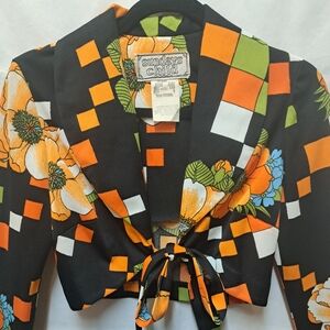 VTG Sunday's Child Black & Orange Floral Print Tie Front Cropped Blouse Size 9
